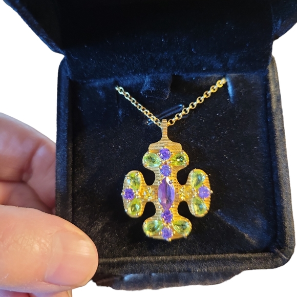 Gold Plated Multi Stone Cross Pendant Necklace 925 Sterling 10" Chain - Picture 2 of 3